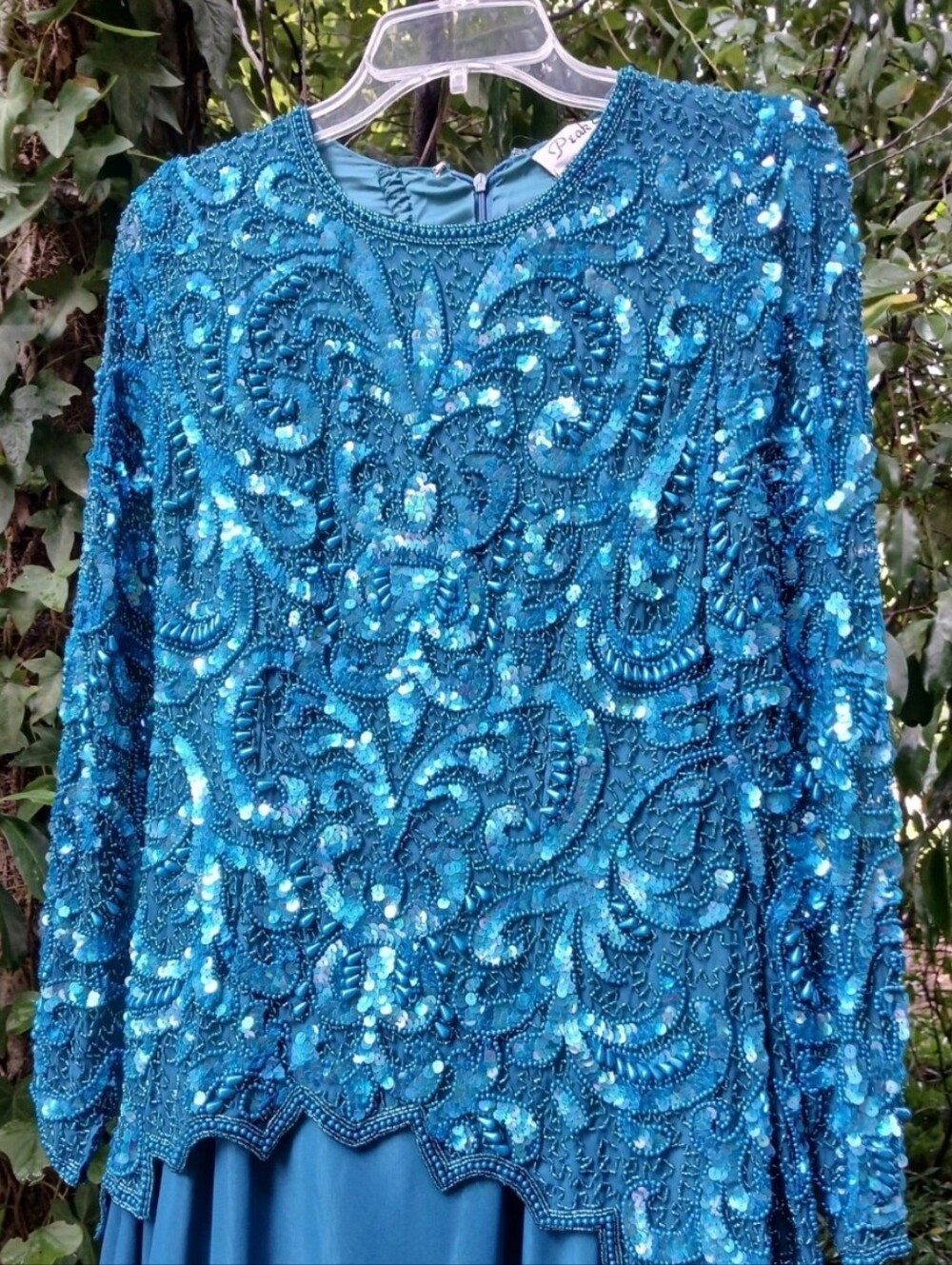 70s Beaded Blue Maxi Dress Sequined Prom Turquoise Empire Waist Mermaid